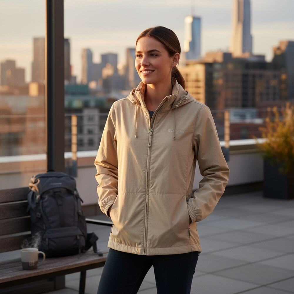 Columbia Switchback IV jacket Women’s Large hooded rain coat dusty tan zip up